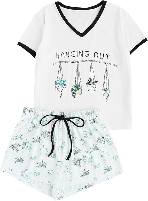 Women's Cute Cartoon Print Tee and Shorts Pajama Set | Amazon (US)