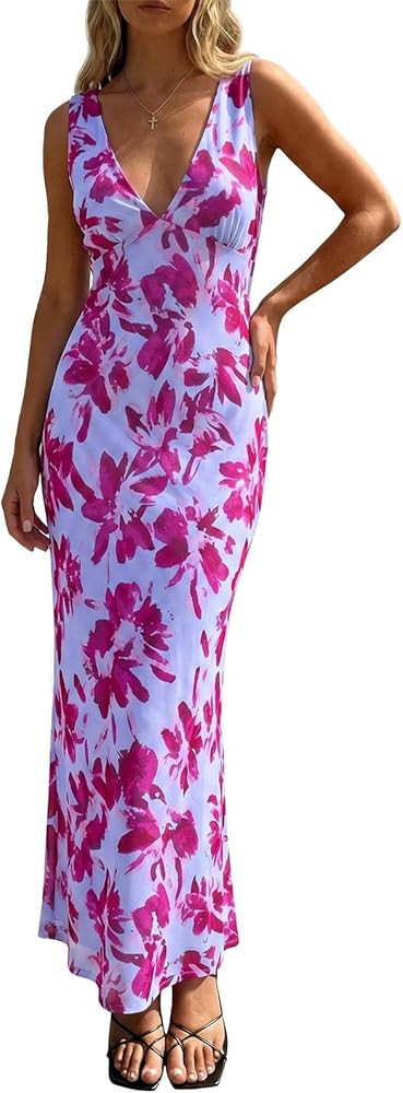 Wenrine Womens Summer Polka Dot Maxi Dress Mesh Wedding Guest Bodycon Sexy V Neck Sleeveless Part... | Amazon (US)