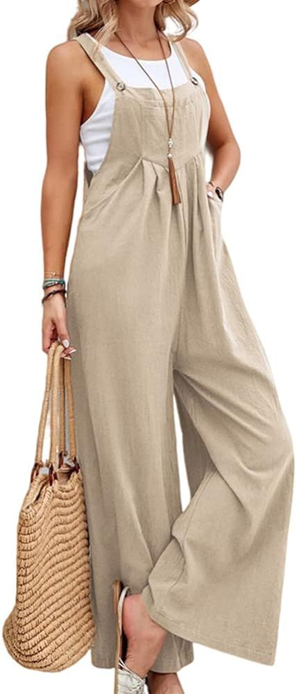 IDEALSANXUN Wide Leg Overalls for Womens Casual Cotton Linen Baggy Loose Maternity Summer Beach J... | Amazon (US)