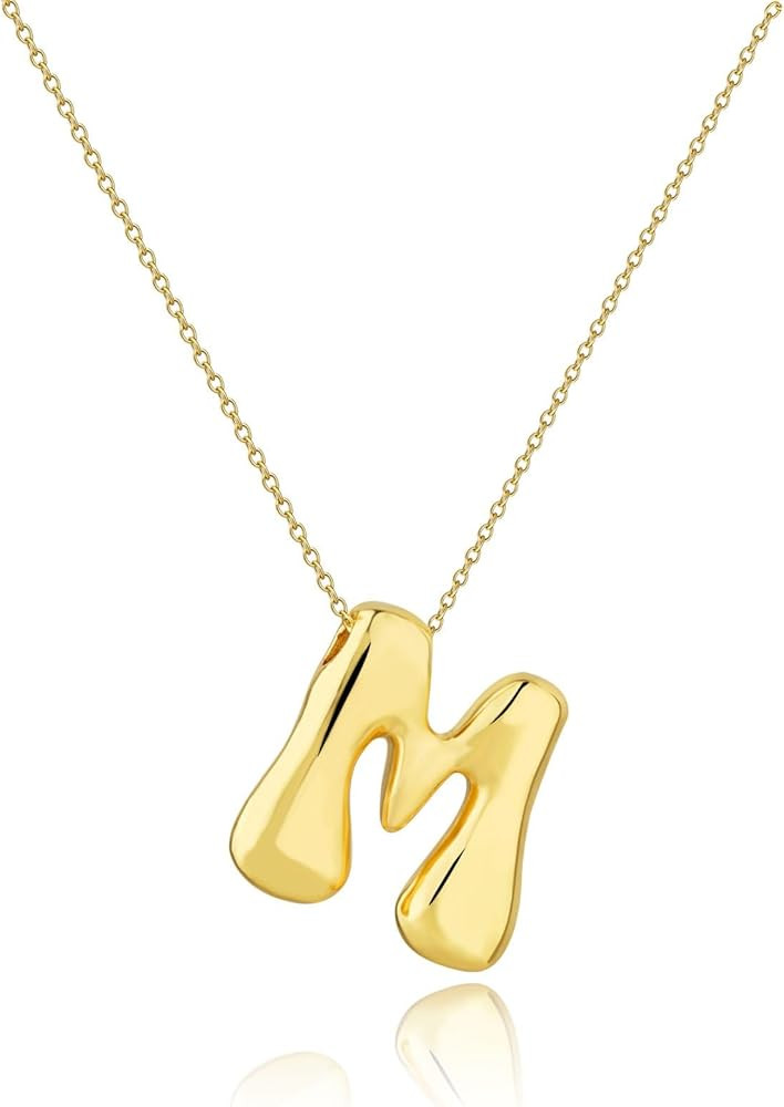 Bubble Letter Necklace Gold for Women,18K Gold Plated Balloon Initial Letter Pendant Necklace,Dai... | Amazon (US)
