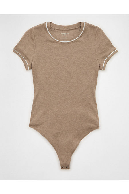 AE Tipped Crew Neck Bodysuit Women's Scout Khaki XL | American Eagle Outfitters (US & CA)