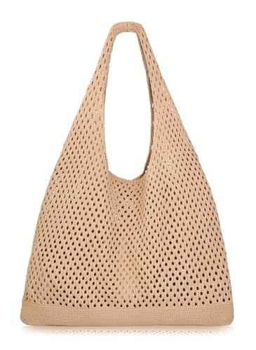 COOKOOKY Crochet Beach Tote bag Summer Beach Bag for Women Aesthetic Mesh Tote Bag Hippie Bag Knit Bag (E-Khaki, Medium) | Amazon (US)