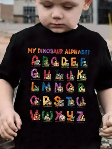 Fancy '' Dinosaur Alphabets'' Print Boys Crew Neck T shirt - Temu | Temu Affiliate Program