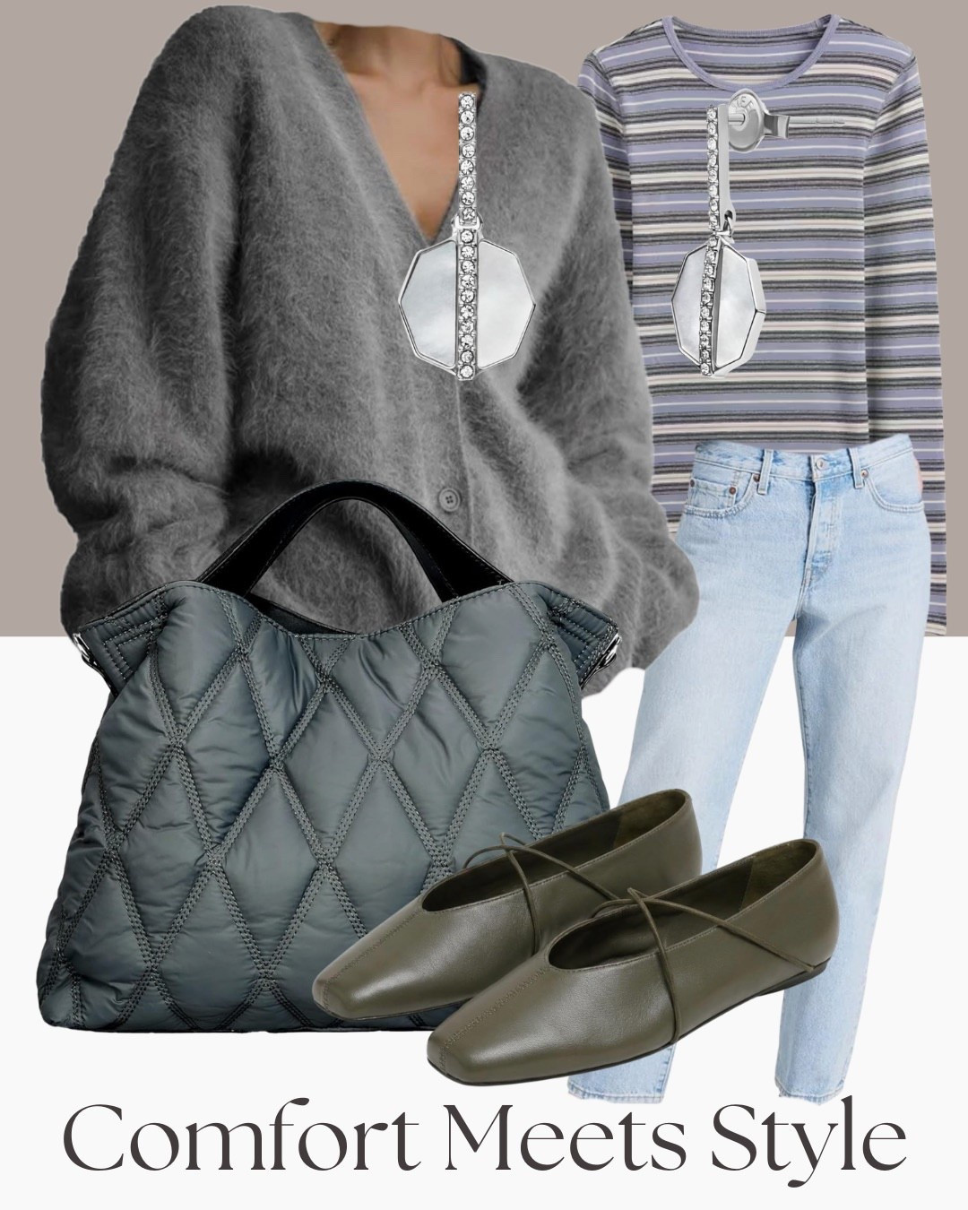 Casual cardigan outfit with grey fuzzy sweater, striped tee, light wash jeans and olive flats.
This is that comfort first outfit that still looks put together, perfect for running errands, travel days, or everyday spring layering.#LTKStyleTip #LTKCasual #LTKDenim #LTKUnder100 #LTKSpring

#LTKSeasonal #LTKootd