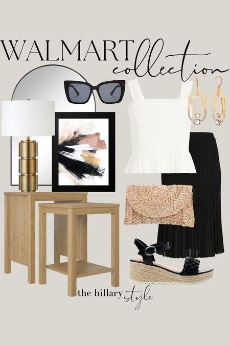 Walmart Collection: Neutral, Black & White finds for the home and summer fashion from Walmart. Nesting tables, arched mirror, black mirror, gold lamp, table lamp, frames modern art, neutral art, black sunglasses, white top. Summer top, black skirt, midi skirt, black platform sandals, wedge sandals, straw bag, straw clutch, gold earrings, summer outfit, summer home refresh. Walmart Home, Walmart Fashion, Walmart Finds

#LTKhome #LTKstyletip #LTKFind