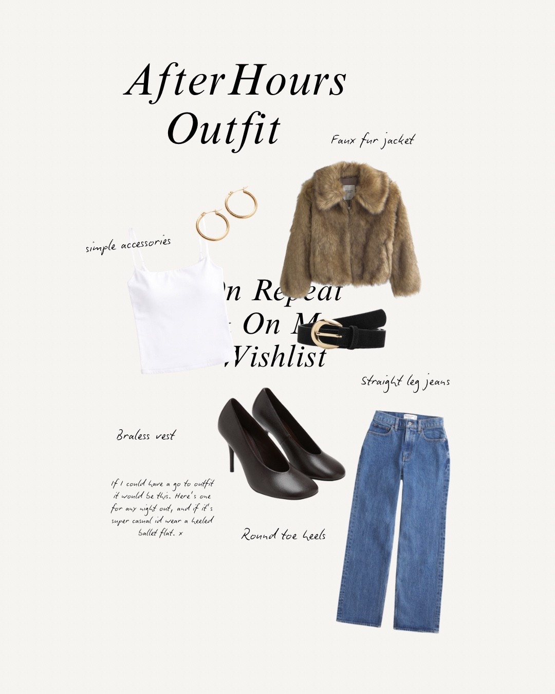 My go to casual evening out 🩶🪽

Straight leg jeans with cropped fur jacket, rounded heels and basic vest top with classic black belt and gold hoops 

#LTKdatenight #LTKjeans #LTKuk