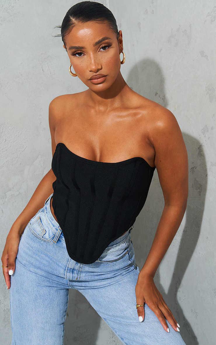 Black Bandage Dip Hem Structured Bandeau | PrettyLittleThing US