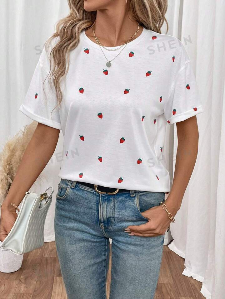 SHEIN Frenchy Strawberry Print Drop Shoulder Tee For Summer Women's Summer Solid Color V-Neck Sho... | SHEIN