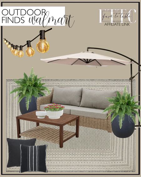 Walmart Outdoor Finds. Follow @farmtotablecreations on Instagram for more inspiration.

Better Homes & Gardens Bellamy 2 Piece Outdoor Sofa Gray Cushions & Coffee Table Set with Patio Cover. Better Homes & Gardens Woven Border 7’ x 10’ Outdoor Rug - Polypropylene/Polyester - Gray. Serwall 10' Outdoor Hanging Offset Cantilever Umbrella for Patio(No Base), Beige. Better Homes & Gardens 18in Mosswood Resin Planter, Matte Black. Nearly Natural 40" Plastic/Polyester Boston Fern Artificial Plant (Set of 2), Green. DAYBETTER Outdoor String Lights,100ft,with 50 G40 Edison Vintage Bulbs,Waterproof for Patio Garden Gazebo Bistro Cafe Backyard. Better Homes & Gardens Pottery 12" Fischer Round Ceramic Planter, White. 13-inch Artificial Multi Heads Mini Flowers Pick, Hot Pink, 1pc, for Indoor Use, by Mainstays. Mainstays 18" x 18" Black Stripe Cord Cotton Rich Decorative Pillow. Patio Decor. Walmart Deals. Walmart Home Finds. Walmart Roll Back. Walmart Flash Deals. 






#LTKSaleAlert #LTKSeasonal #LTKHome