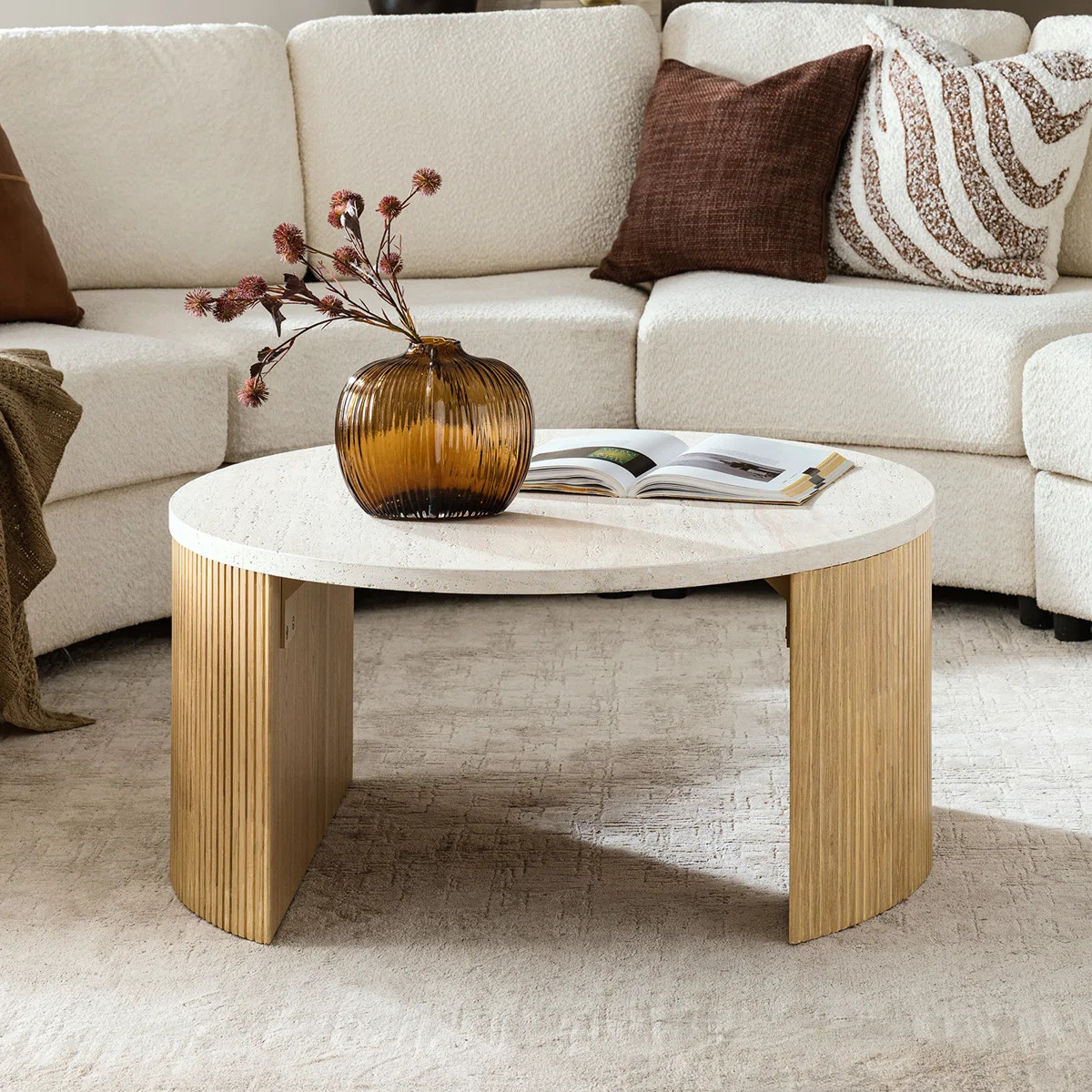 Jadida Celia Modern 36"W Fluted Round Coffee Table with Travertine Top | Wayfair North America