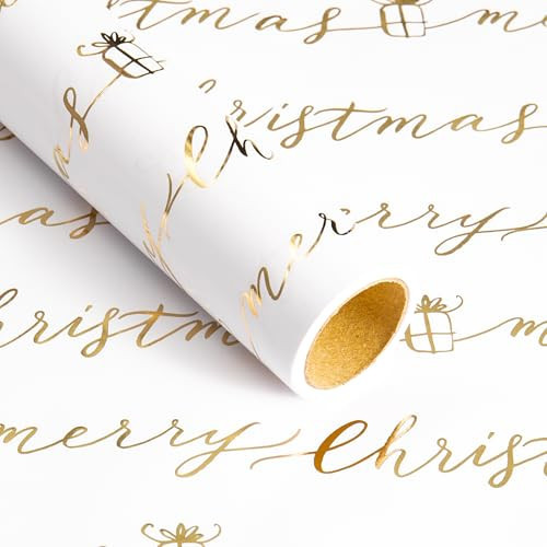 RUSPEPA Christmas Wrapping Paper Roll - Mini Roll - Gold Foil Merry Christmas Text Pattern Great for Christmas, Holiday, Party and More - 17 Inches X 16.5 Feet | Amazon (US)
