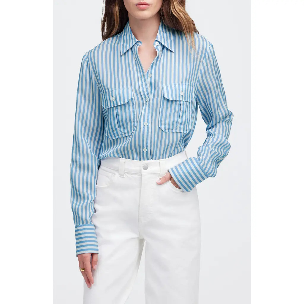 Madewell Stripe Utility Pocket Button-Up Shirt in Waterfall at Nordstrom, Size 16 | Nordstrom