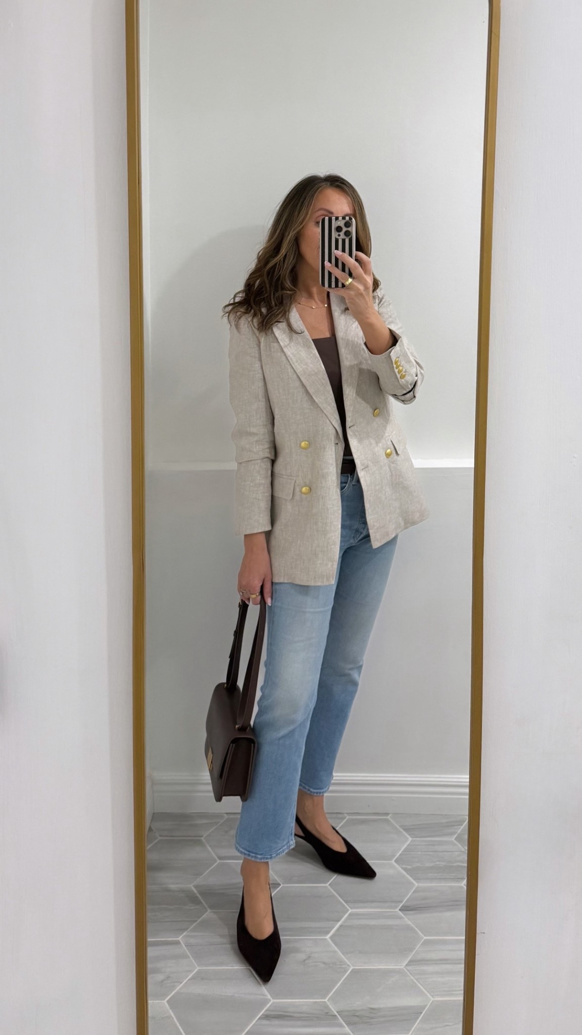 I took xs in the blazer but feel like small might have been a great option too for more movement.  
Jeans are a few years old from Mother. Linked style is similar in shape. 
Slingbacks are Madewell but sold out.  Linked two fab options. Might need the flats 

