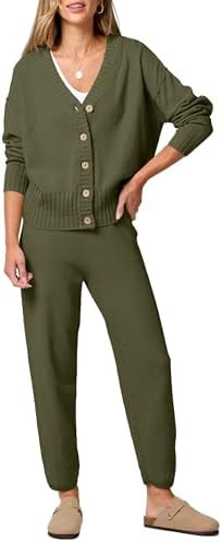 ANRABESS Women 2 Piece Lounge Sets 2025 Fall Outfits Casual Waffle Knit Cardigan Sweater Pant Set... | Amazon (US)