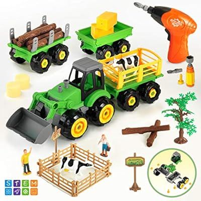 CUTE STONE Take Apart Toys Farm Truck Tractor with Electric Drill, Play Farm Toys Set with Farm A... | Amazon (US)