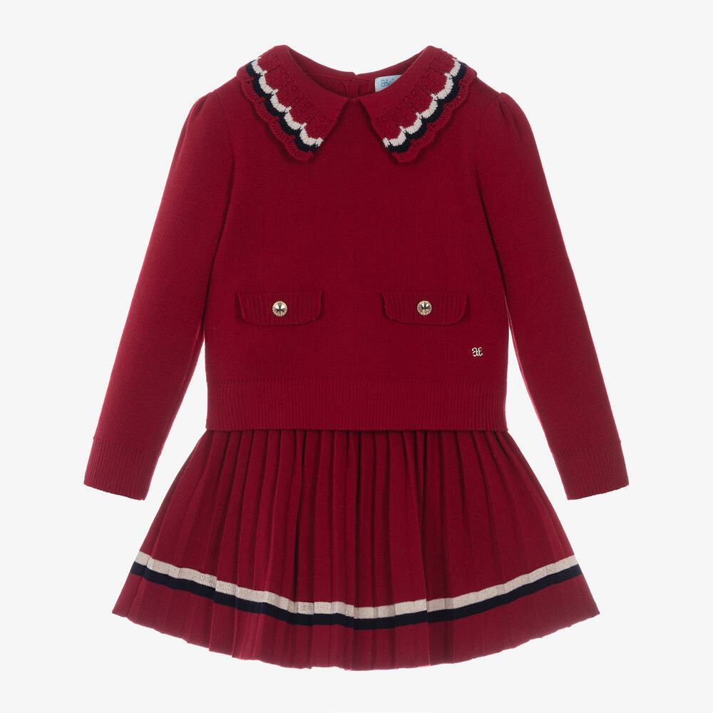 Girls Red Knitted Viscose Skirt Set | Childrensalon