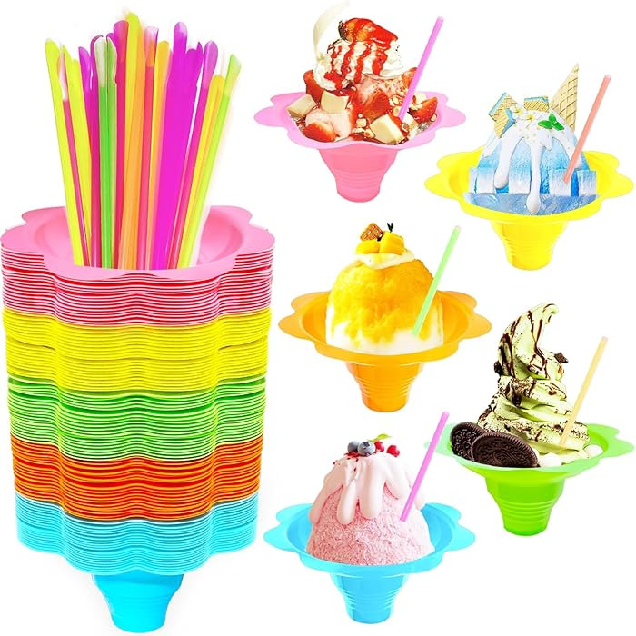 200PCS 4oz Colorful Snow Cone Cups Set with 100Pcs Spoon Straws and 100Pcs Cups,Plastic Reusable ... | Amazon (US)