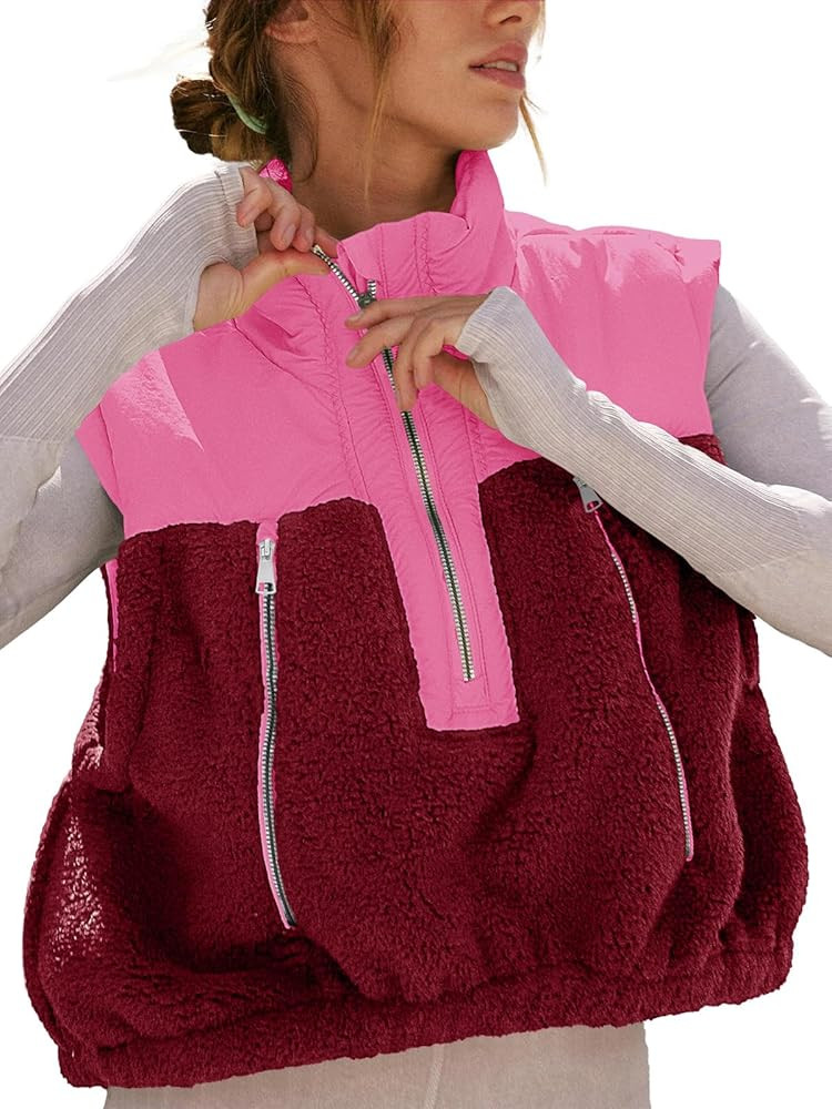 Tankaneo Womens Cropped Vests Outerwear Color Block Half Zipper Fleece Sherpa Sleeveless Winter C... | Amazon (US)
