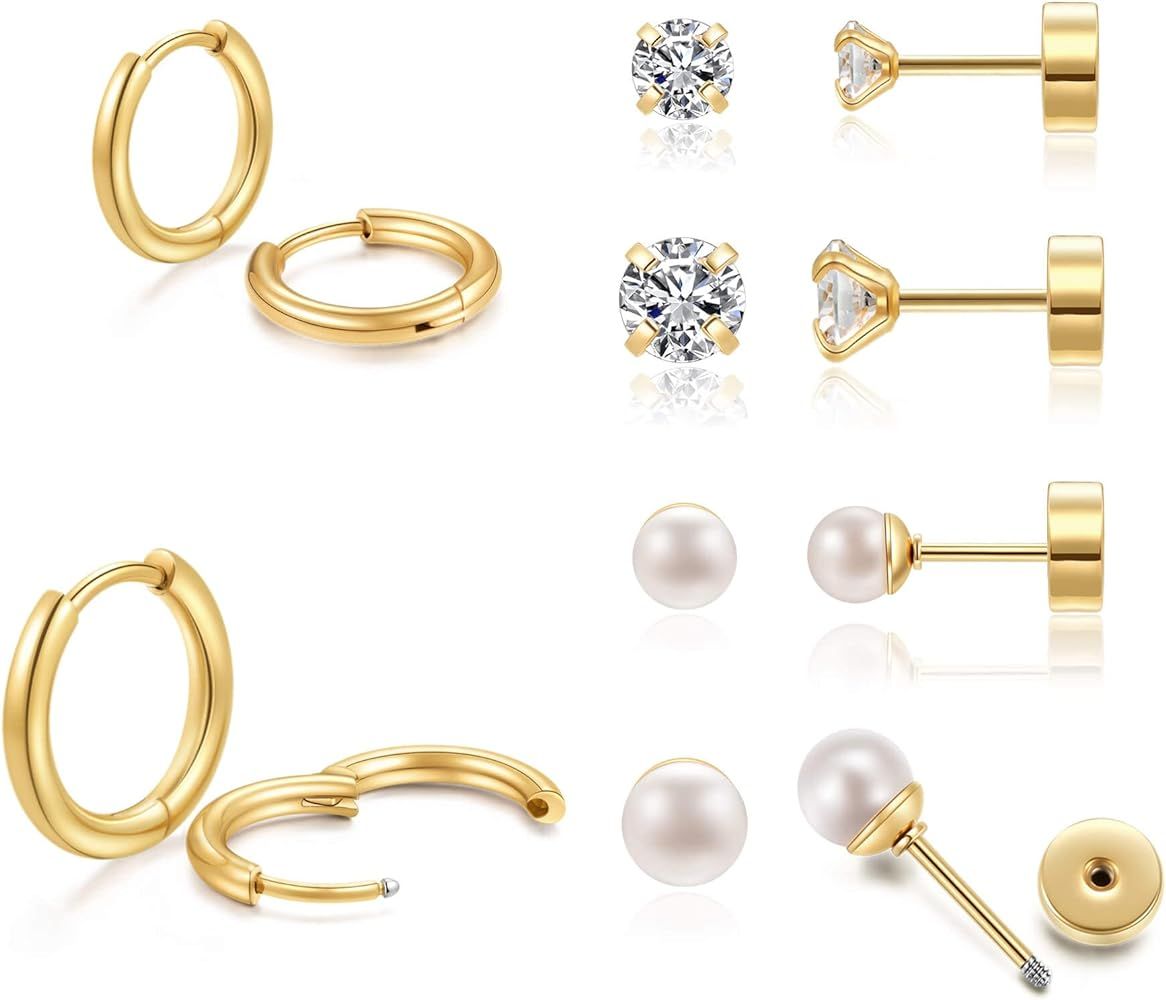 Renkovte Gold Earring Sets for Women Multiple Piercing,14K Gold Flat Back Cartilage Earrings and ... | Amazon (US)