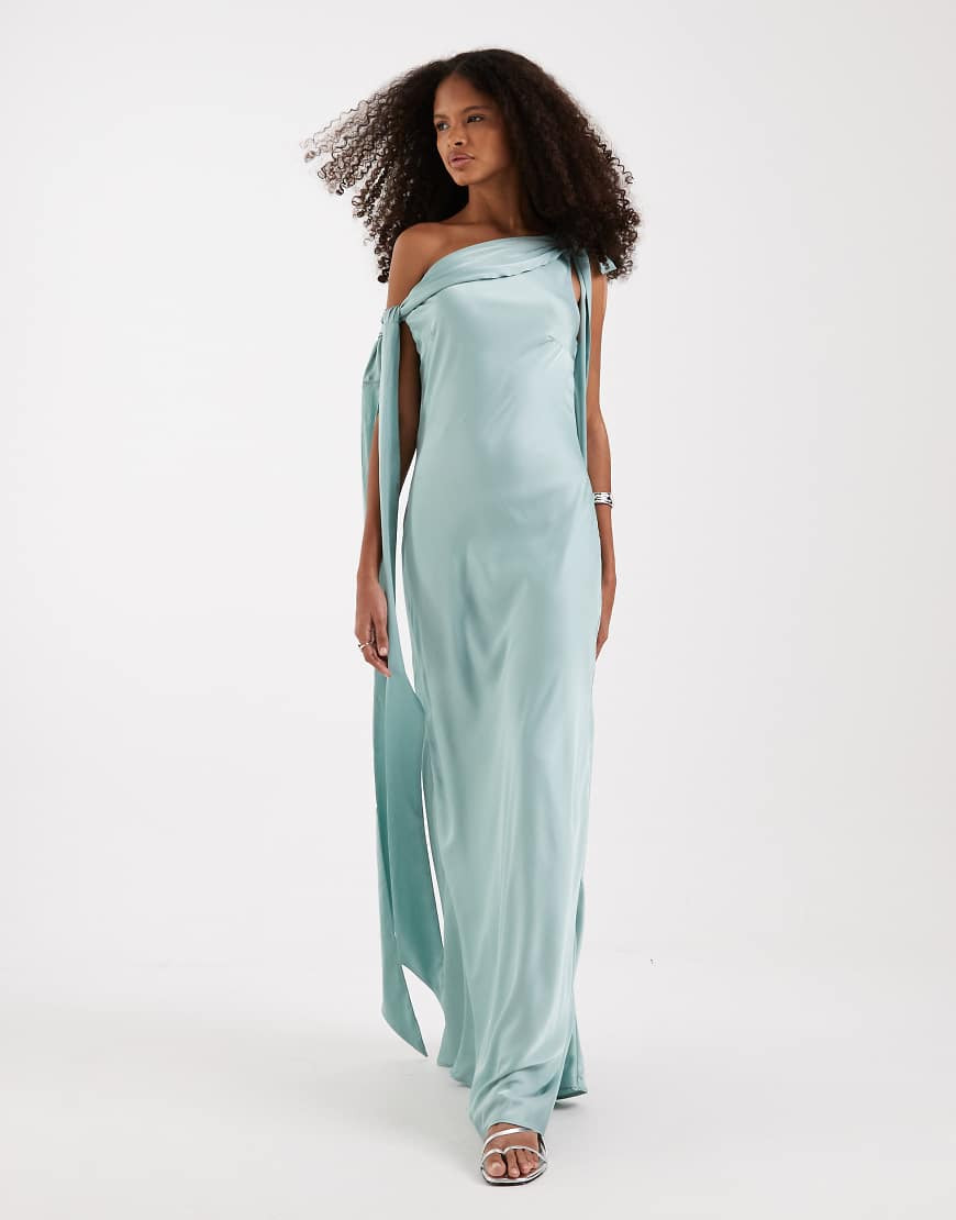 TFNC Bridesmaids fallen shoulder satin maxi dress in aqua-Green | ASOS (Global)