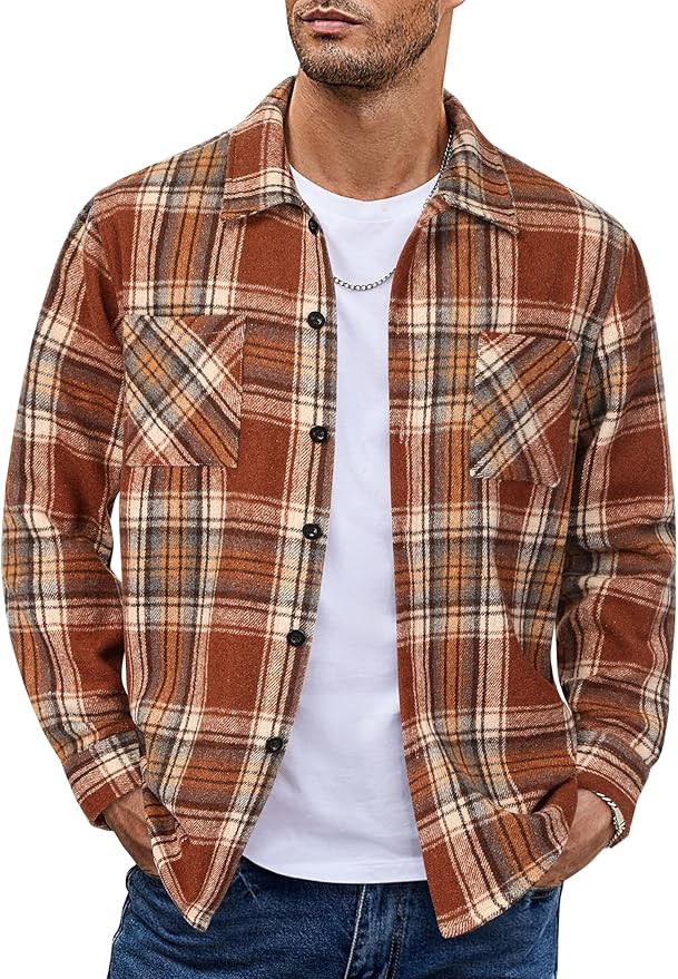 COOFANDY Men's Flannel Shirts Casual Button Down Plaid Shirt Jacket Long Sleeve Fleece Shacket wi... | Amazon (US)