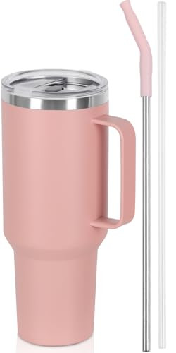 40 Oz Tumbler with Handle and Straw, Stainless Steel Double Wall Vacuum Insulated Cup, 40 OZ Travel Coffee Mug Bulk with Silicone Water Bottle Boot(Pink) | Amazon (US)