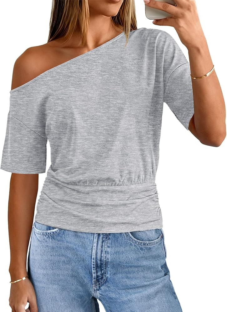 MEROKEETY Women's Off The Shoulder Short Sleeve Tops 2026 Summer Casual Going Out Trendy Y2k T Sh... | Amazon (US)