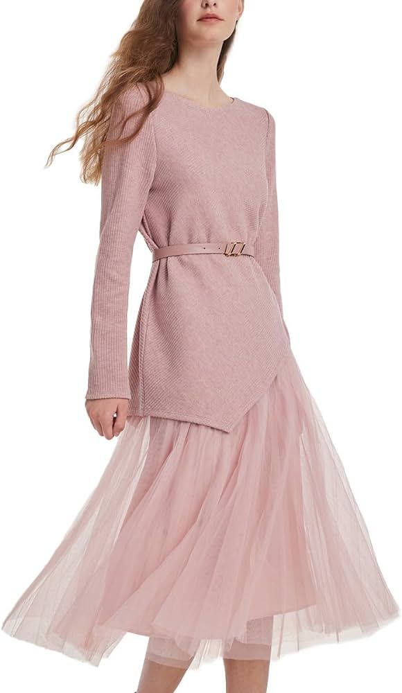 GOELIA Outfits Women Trendy 2023 Long Sleeve Pullover Top and Tulle Skirt Set with Belt | Amazon (US)