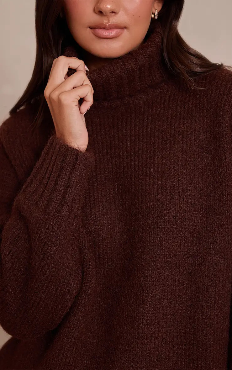 Knitwear | Brown Roll Neck Balloon Sleeve Oversized Jumper | PrettyLittleThing | PrettyLittleThing US
