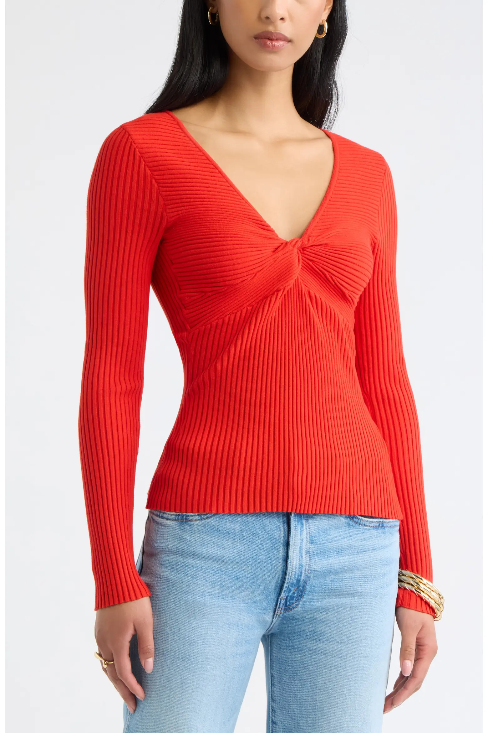 Open Edit Knot Front Ribbed V-Neck Sweater (Women) | Nordstrom | Nordstrom