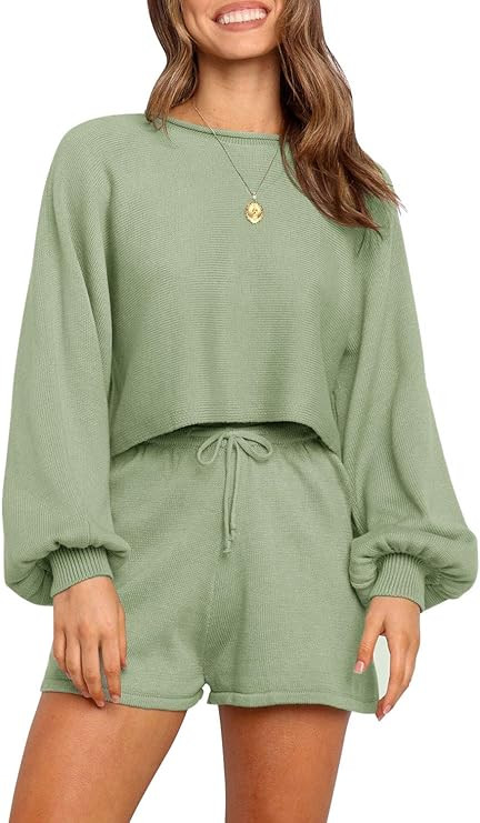 ZESICA Women's Casual Long Sleeve Solid Color Knit Pullover Sweatsuit 2 Piece Short Sweater Outfi... | Amazon (US)