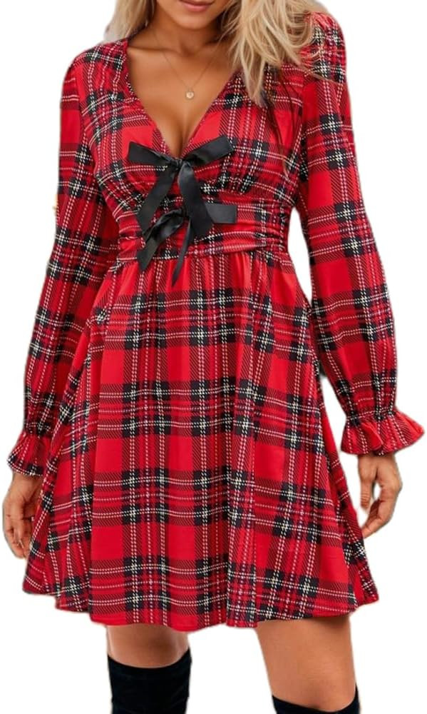 Women Fall Plaid Mini Dress V Neck Puff Long Sleeve Bow Front Babydoll Dress Gingham A Line Flowy... | Amazon (US)