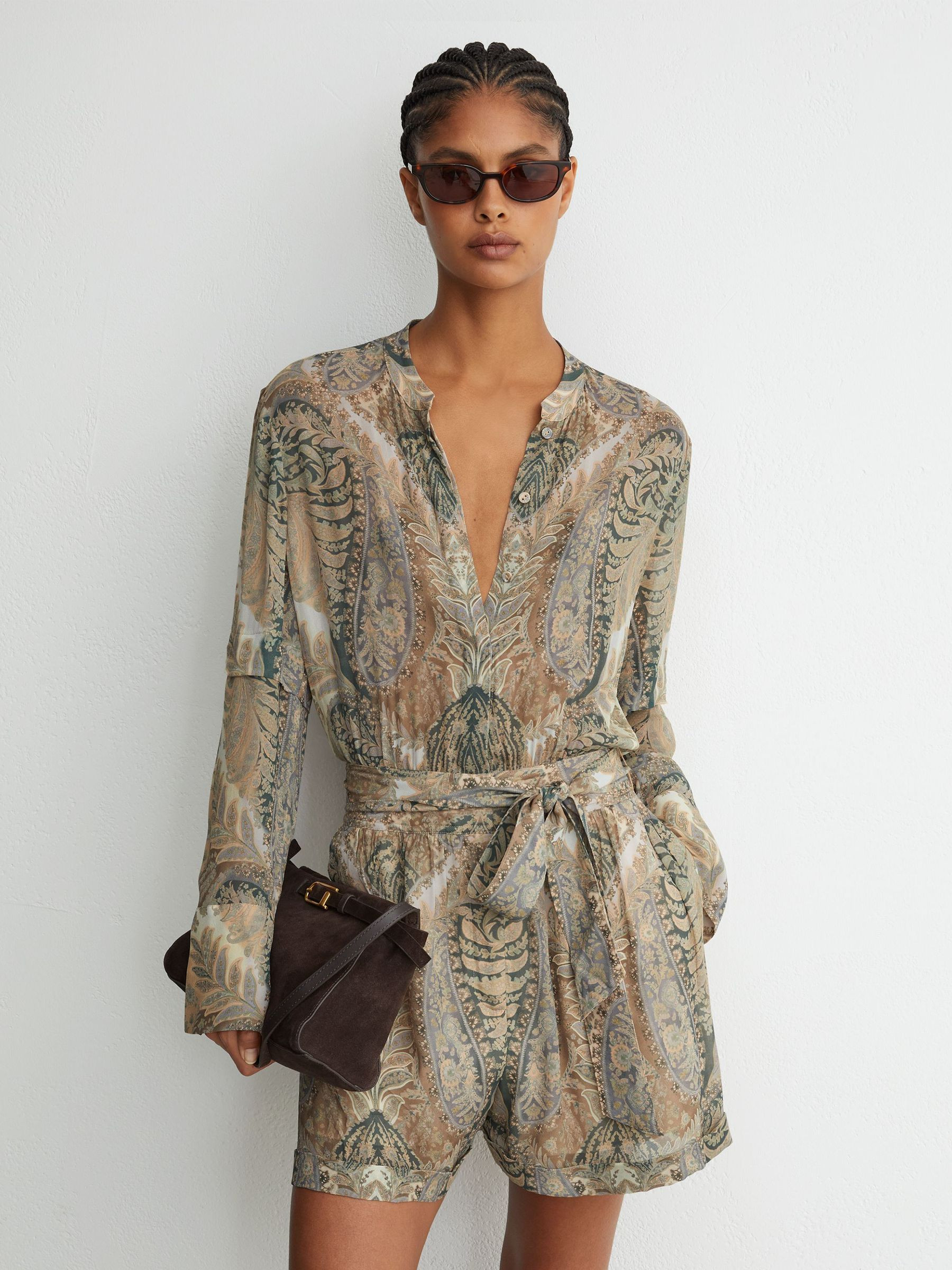 Reiss Paisley-Print Tie-Waist Playsuit in Grey/Neutral - REISS | Reiss UK