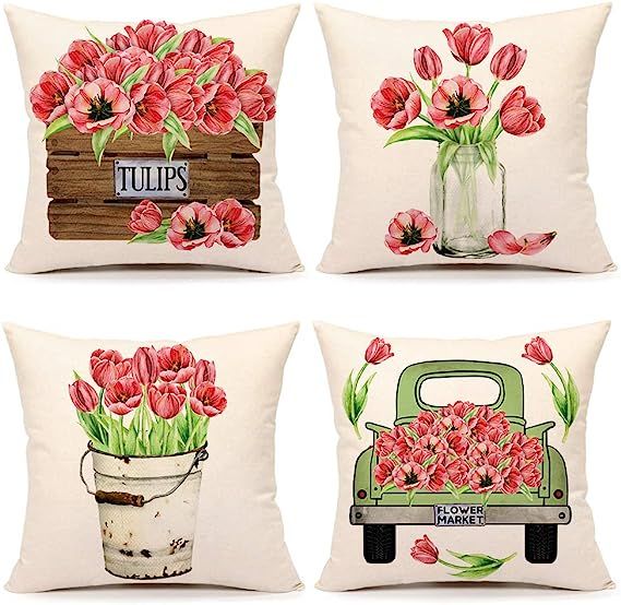 4TH Emotion Spring Tulips Pillow Covers 20x20 Set of 4 Easter Farmhouse Decor Valentines Decorati... | Amazon (US)