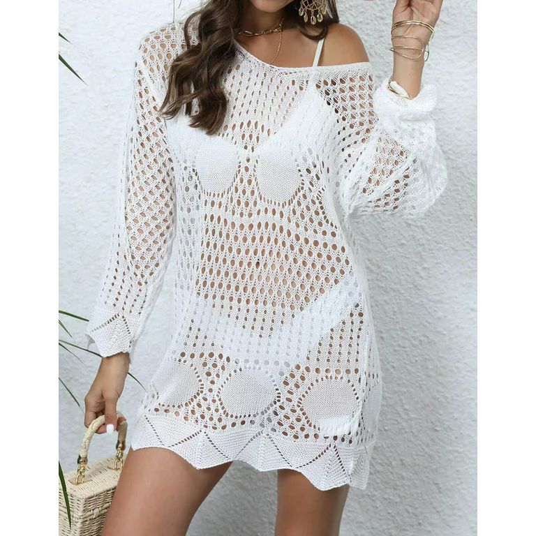 Bathing Suit Cover Up for Women Hollow Out Mesh Crochet Swimsuit Cover Up Beach Swim Cover Ups Sh... | Walmart (US)
