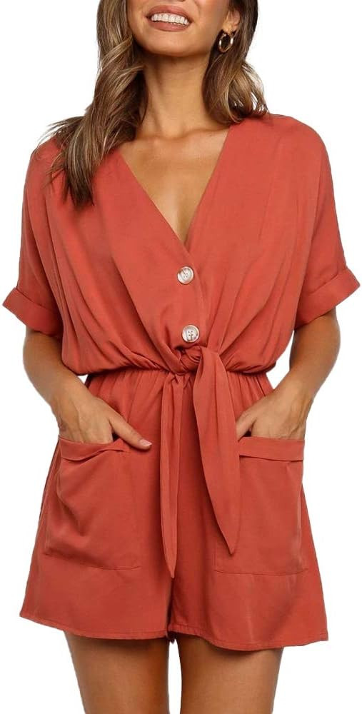 Ivay Womens V Neck Button Rompers Knot Tie Short Sleeve Sexy Loose Playsuit Jumpsuit with Pockets | Amazon (US)