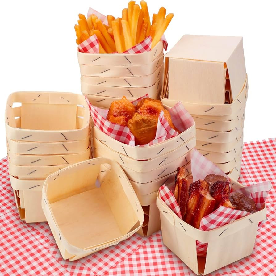 Thyle 60 Pcs/30 Sets One Pint Wood Berry Basket with Gingham Wax Paper Sheets 4 Inch Small Basket... | Amazon (US)