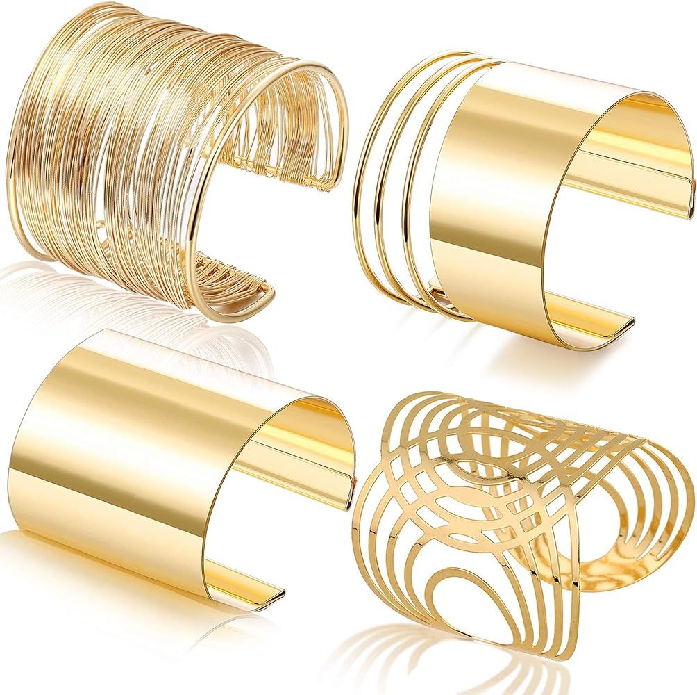 4 Pcs Cuff Bangle Bracelet for Women Open Wide Wire Bracelets Gold Wrist Cuff Wrap Bracelet | Amazon (US)