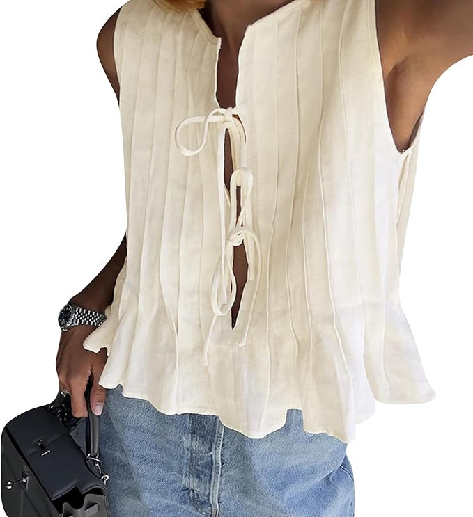 Seyurigaoka Women Bow Tie Front Tank Top Sleeveless Pleated Peplum Blouse Ruffle Hem Babydoll Top... | Amazon (US)