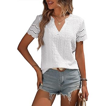 EVALESS Summer Tops for Women V Neck Short Sleeve Lace Eyelet Tops Dressy Casual Blouses 2026 Tre... | Amazon (US)
