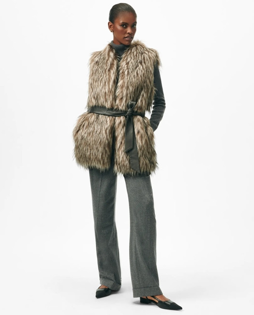 Brooks Brothers Women's Belted Faux Fur Vest | Grey | Size Large | Brooks Brothers