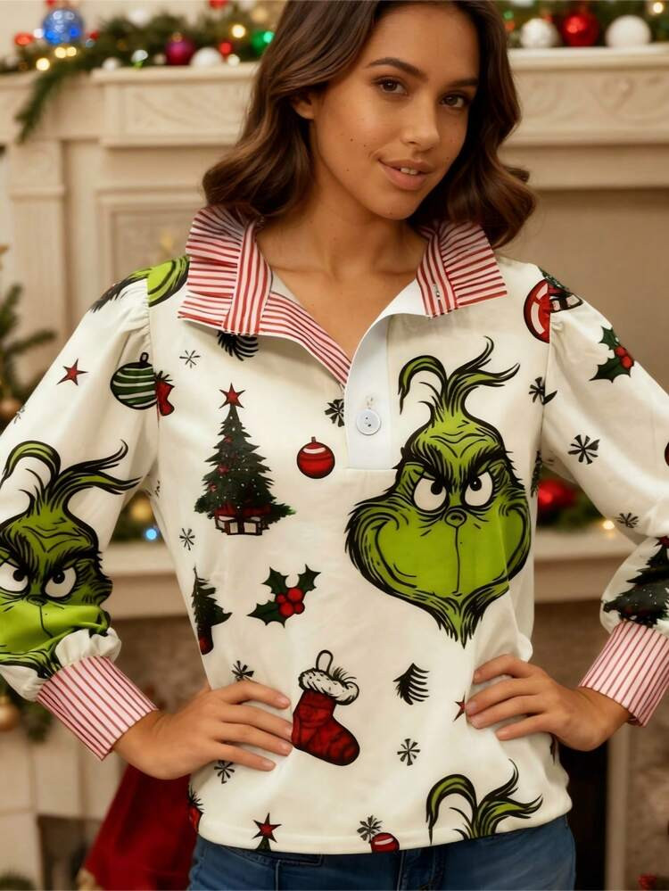 New Women's Casual Christmas Tree Green Cartoon Print - Comes With Christmas Tree, Ball And Sock ... | SHEIN