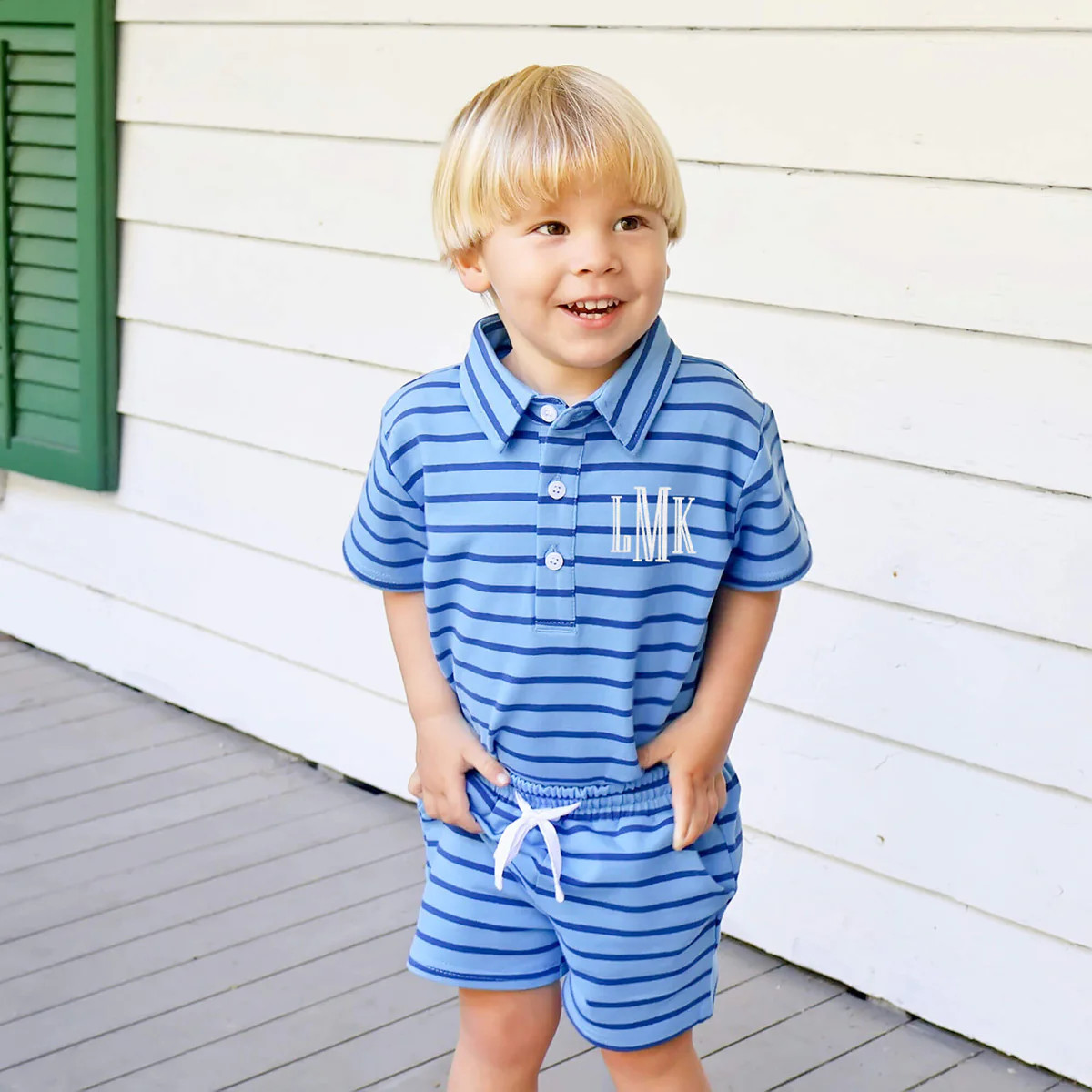 Blue & Navy Stripe Terry Polo Short Set | Classic Whimsy