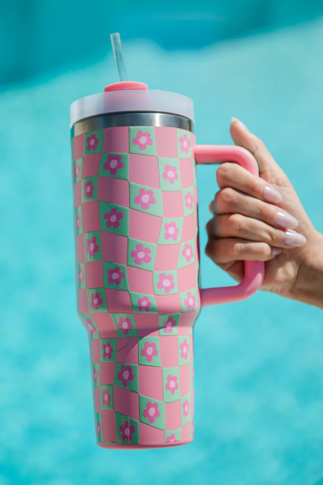 Sippin' Pretty Warped Checker Daisy 40 oz Drink Tumbler With Lid And Straw | Pink Lily