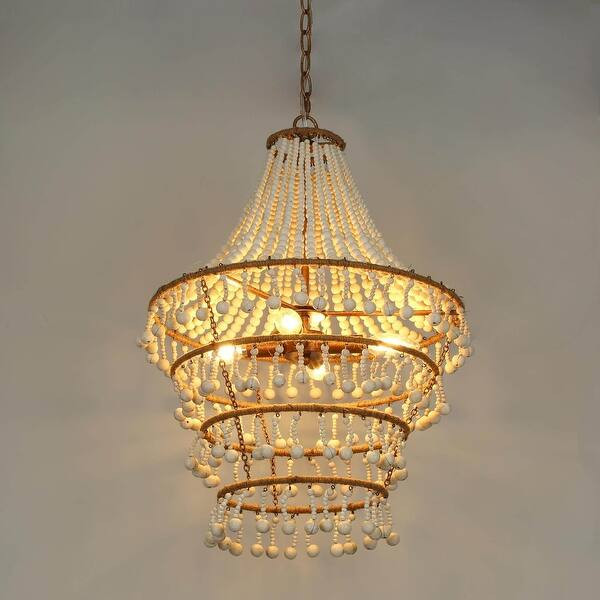 Renia Modern Farmhouse Rustic Costal Lantern Wood Beaded Chandelier 4-light Tiered Ceiling Light | Bed Bath & Beyond