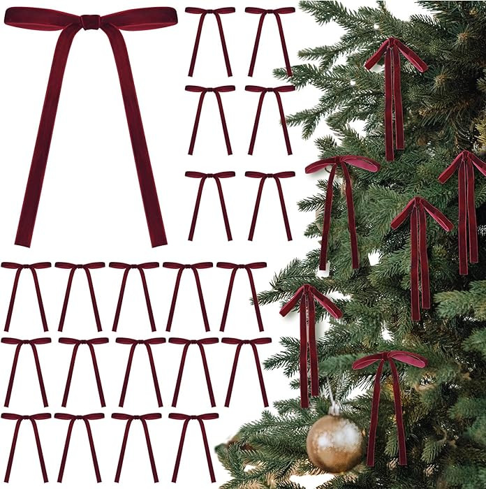 24 Pcs Velvet Christmas Tree Bow, 5x7,3/8" w, Burgundy | Amazon (US)