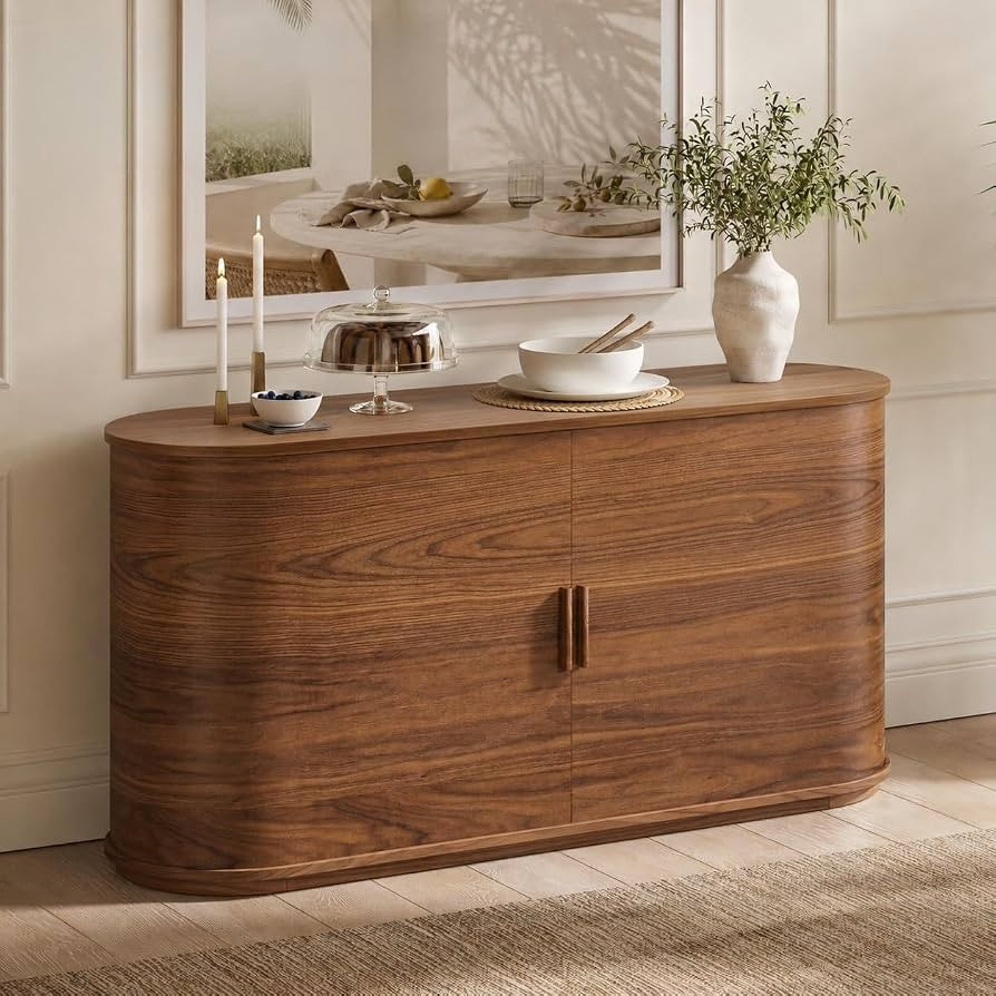 WERMO 60'' Fully Assembled Sideboard Buffet with Sliding Doors & Adjustable Shelves — Mid-Century Modern Sideboard Buffet Cabinet with Storage for Living Room, Dining Room, Office Credenza (Walnut) | Amazon (US)