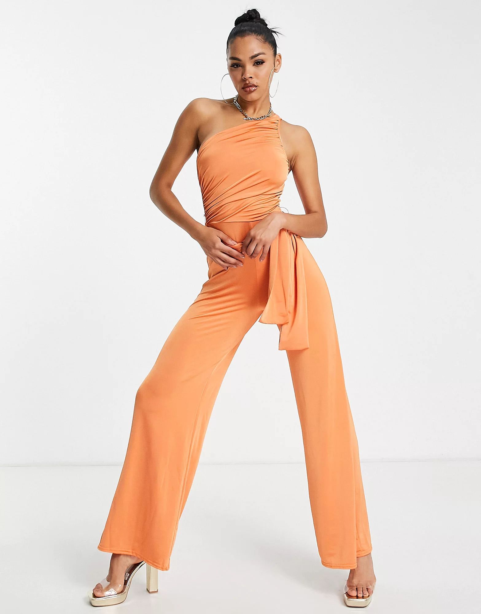 ASOS DESIGN one shoulder ruched bodice wide leg jumpsuit in orange | ASOS (Global)
