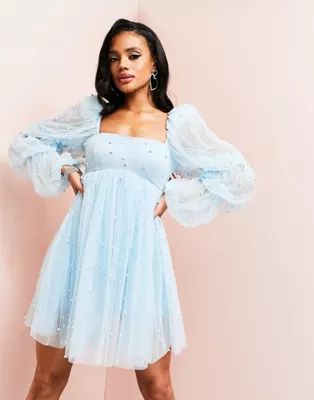 ASOS LUXE tulle baby doll dress with pearl embellishment in blue | ASOS (Global)