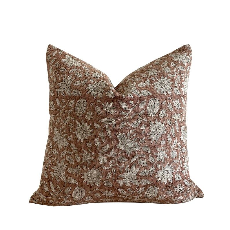 Linen Block Print Pillow Cover, Light Terracotta Hand Block Print on Textured Linen Pillow, Flora... | Etsy (US)